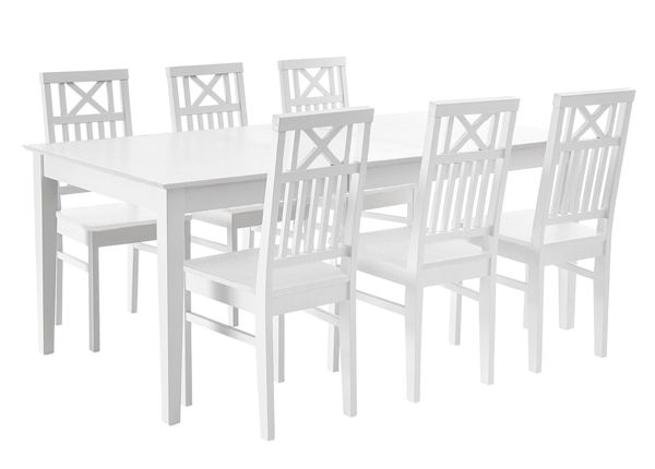 Kasepuidust söögitoakomplekt Florence laud 140-180x90 cm + 6 tooli, valge