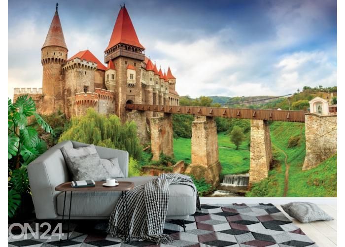 Fliis fototapeet Transylvanian Corvin Castle with Wooden Bridge 368x254 cm suurendatud