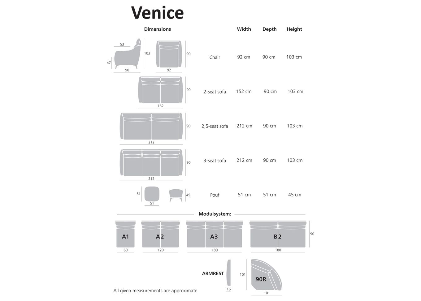 2,5-kohaline diivan Venice suurendatud
