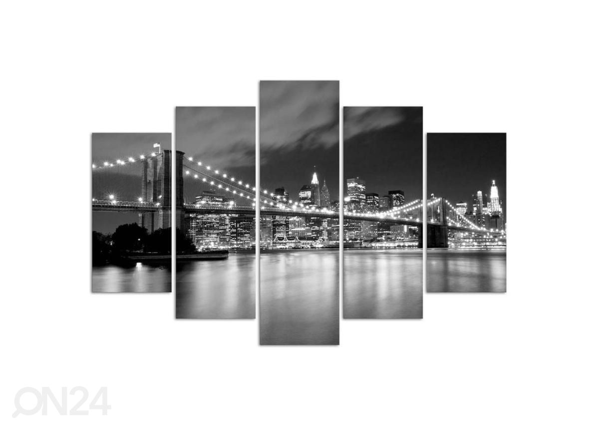 Viieosaline seinapilt Brooklyn Bridge at night black and white 100x70 cm suurendatud