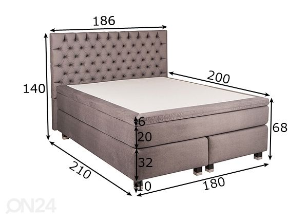 Comfort voodi Hypnos Aphrodite 180x200 cm Buckingham otsaga (kärgpocket, memoryfoam) mõõdud