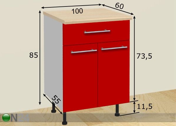 Kahe ukse ja sahtliga köögikapp 100 cm mõõdud
