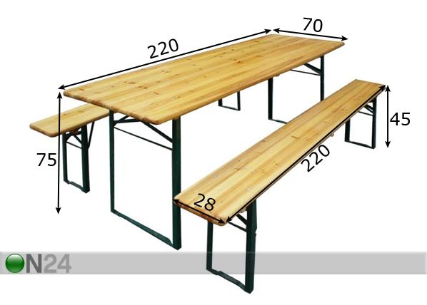 Kokkupandav aiamööbel, laud 70x220 cm + 2 pinki mõõdud