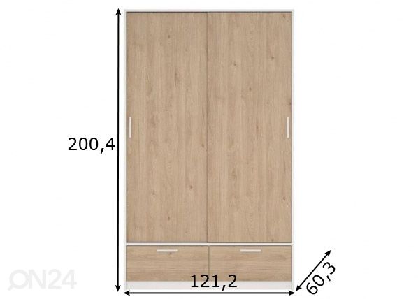 Lükandustega riidekapp Line 121 cm, hickory/valge mõõdud