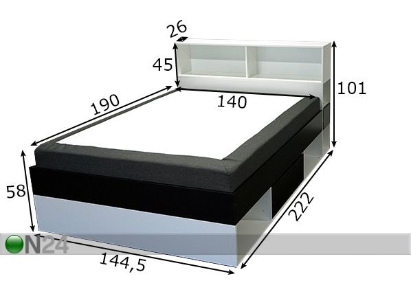 Sahtlitega voodi + raamiga madrats 140x190 cm mõõdud