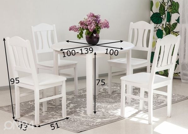 Söögitoakomplekt 100x100-139 cm + toolid Per 4tk, valge mõõdud