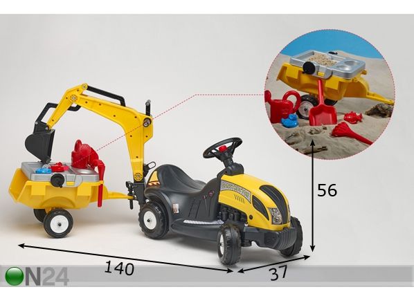 Tõuketraktor kopa, käru ja tööriistadega mõõdud