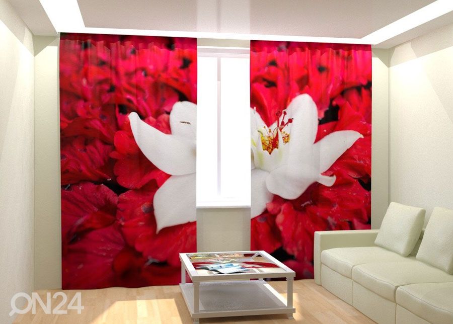 Fotokardinad White Flower on Red 300x260 cm suurendatud