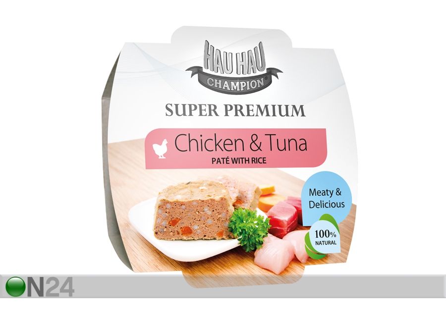 Hau-Hau Super Premium kana ja tuunikala paté riisiga 3x100g suurendatud