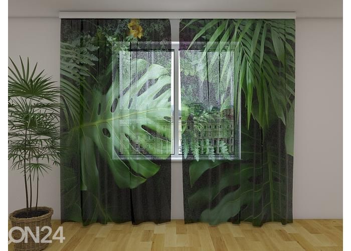 Läbipaistev fotokardin Green Tropical Leaves 240x220 cm suurendatud