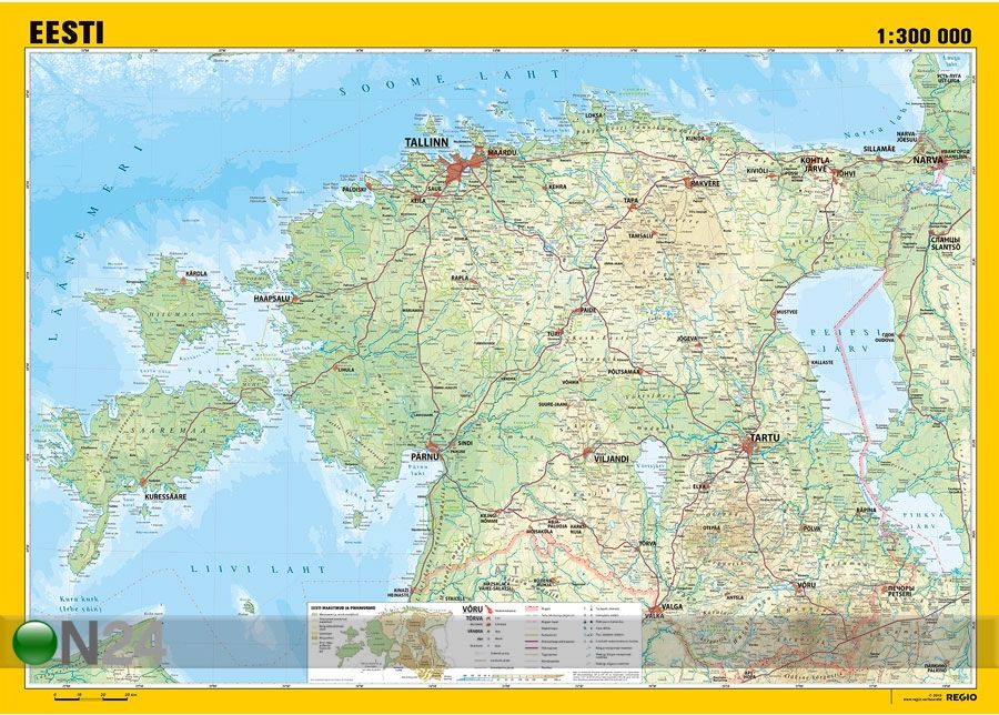 Regio Eesti üldgeograafiline seinakaart riputusliistudega, 136x96 cm, 1:300 000 suurendatud