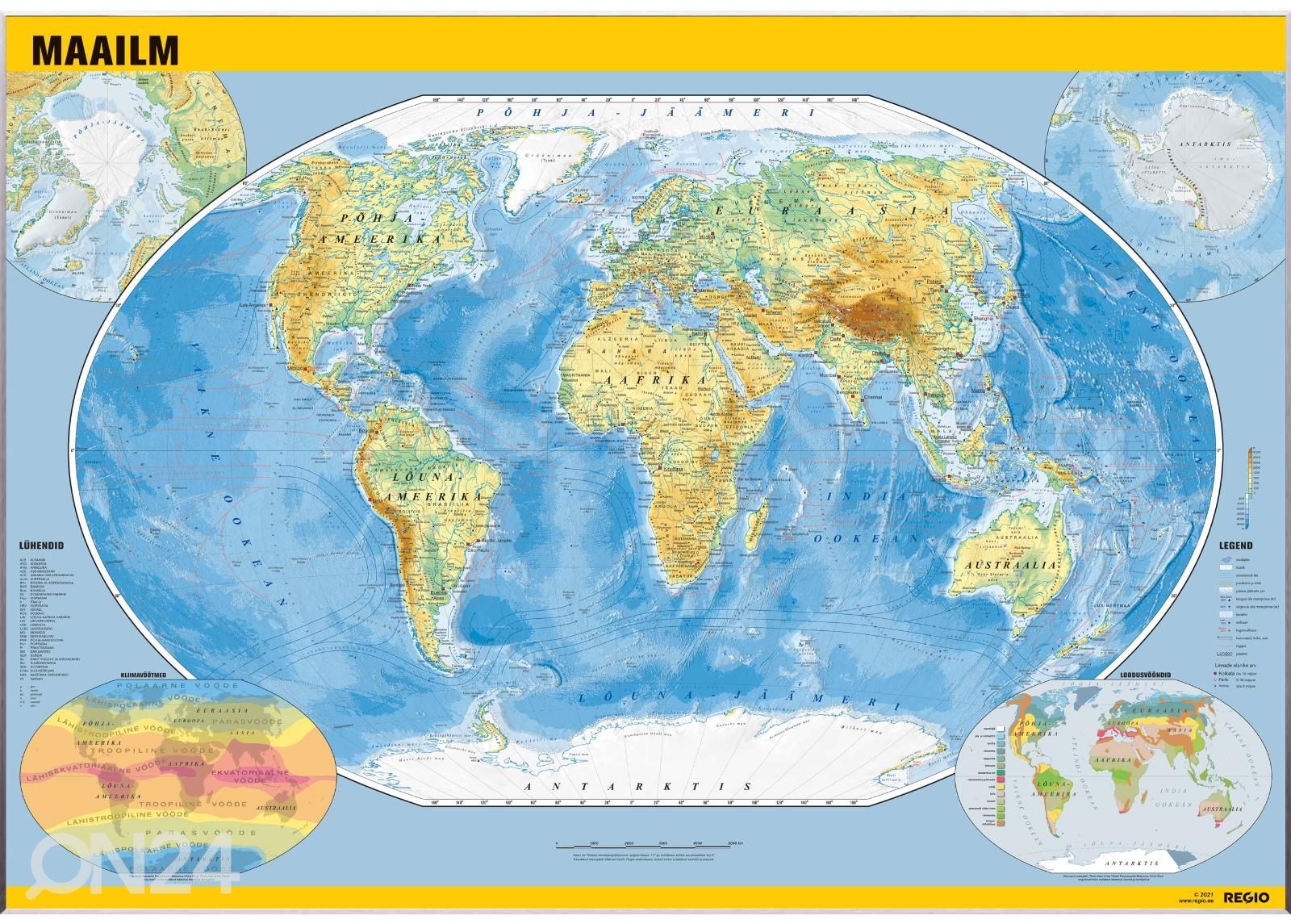 Regio Maailma üldgeograafiline seinakaart 150 x 105 cm suurendatud
