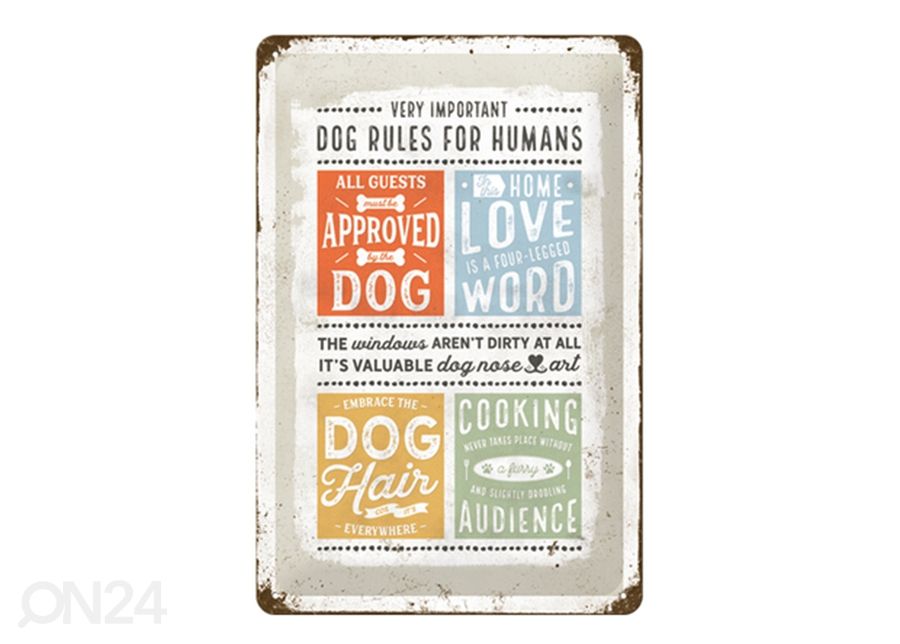 Retro metallposter Dog rules for humans 20x30 cm suurendatud