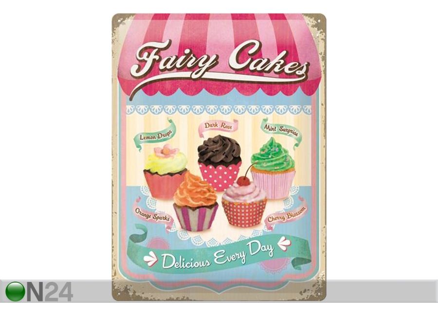 Retro metallposter Fairy Cakes Delicious Every Day 30x40 cm suurendatud