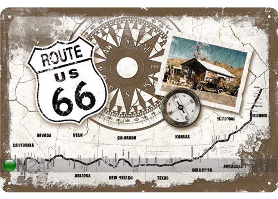 Retro metallposter Route 66 kompass 20x30cm suurendatud