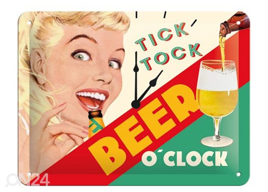 Retro metallposter Tick, tock Beer oclock 15x20 cm suurendatud