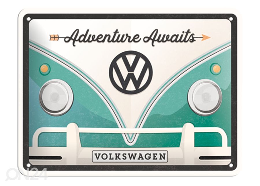 Retro metallposter VW Bulli Adventure Awaits 15x20 cm suurendatud