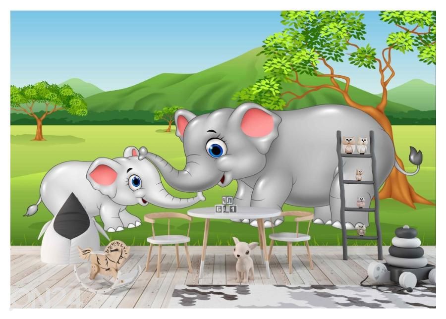 Fliis fototapeet Elephant Mom and Baby 400x260 cm suurendatud
