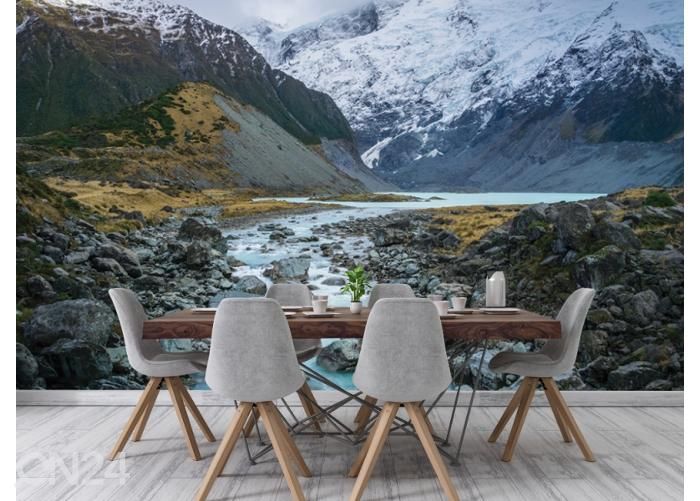 Fliis fototapeet Hooker Lake at the Bottom of Mount Cook 368x254 cm suurendatud