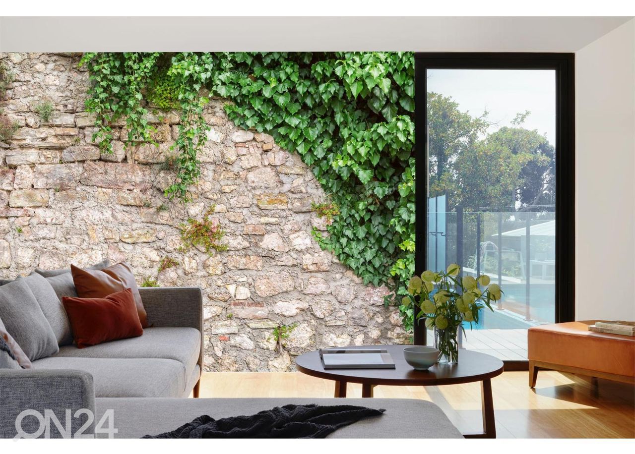Fliis fototapeet Stone Wall With Leaves suurendatud