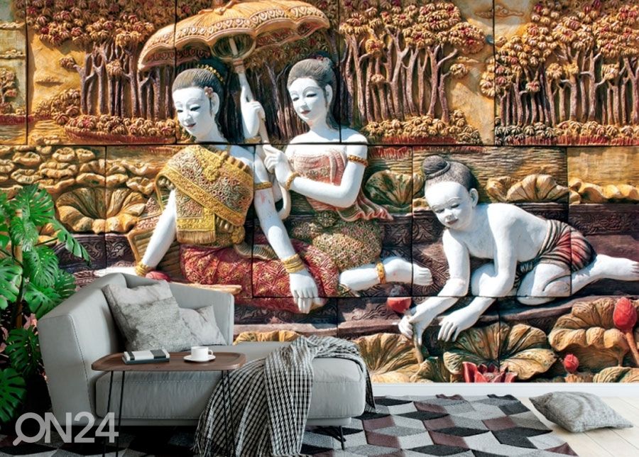 Fliis fototapeet Thai Stone Carving on Temple Wall 368x254 cm suurendatud