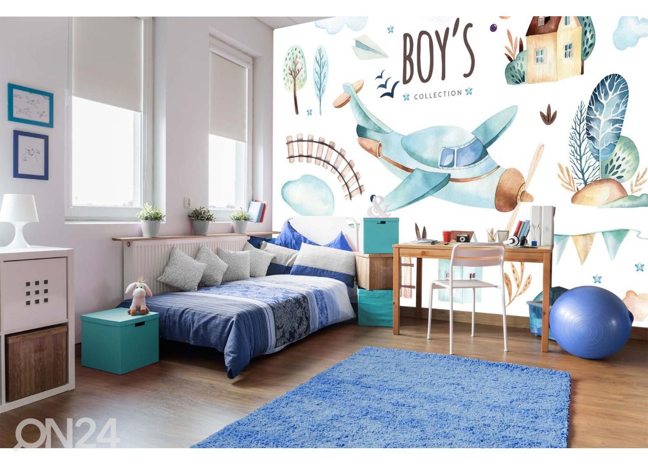 Fliis fototapeet Watercolor Airplane With Track suurendatud