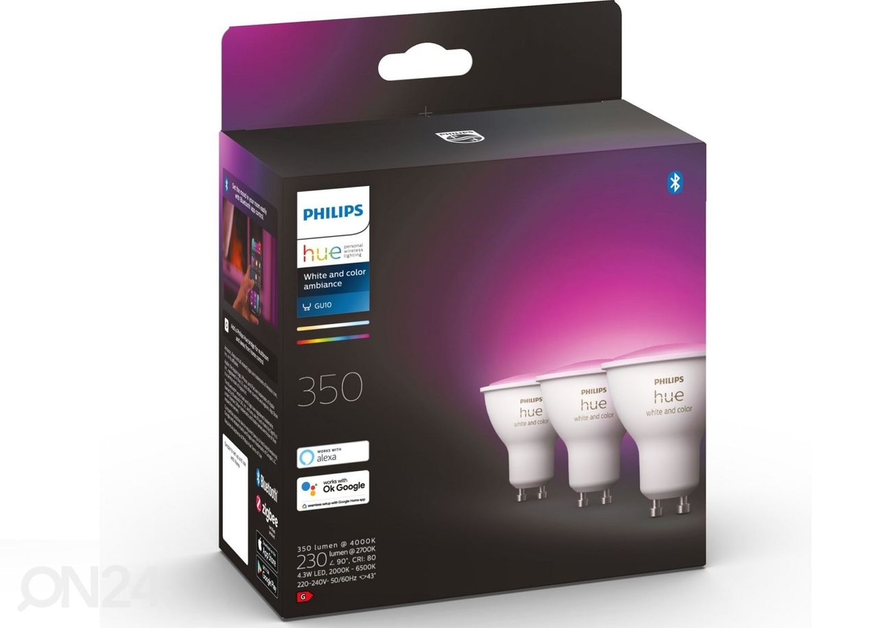 Hue White and Color ambiance elektripirnid 3xGU10 suurendatud