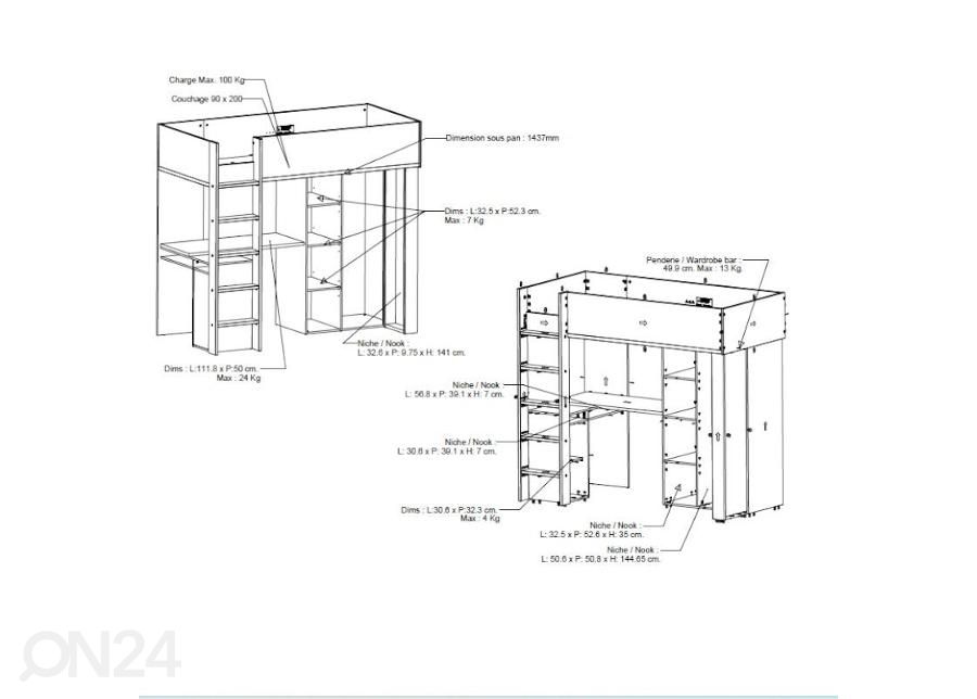 Kõrge voodi Camillia 90x200 cm suurendatud mõõdud