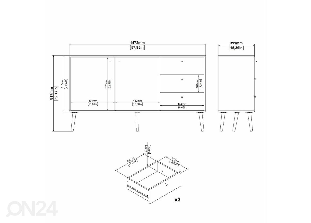 Kummut Bodo 147 cm, hall suurendatud