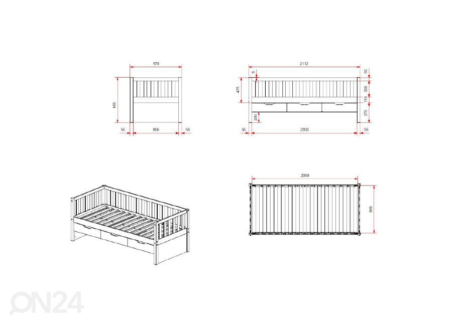 Lastevoodi + 3 sahtlit Fritz 90x200 cm, valge suurendatud
