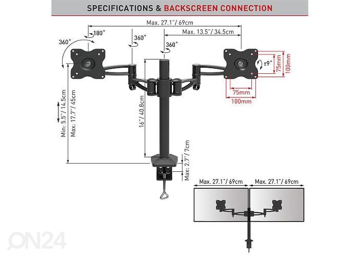 Lauastatiiv kahele monitorile Barkan E642.B 13"-29" suurendatud