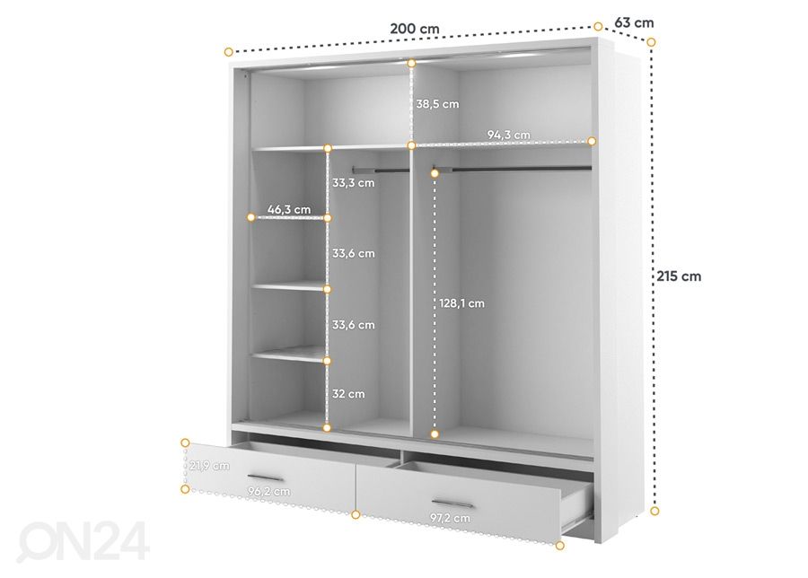 Lükandustega riidekapp 200 cm suurendatud