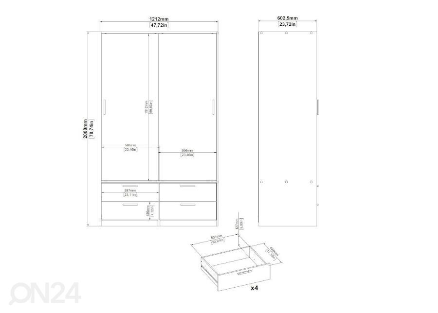 Lükandustega riidekapp Line 121 cm, valge suurendatud