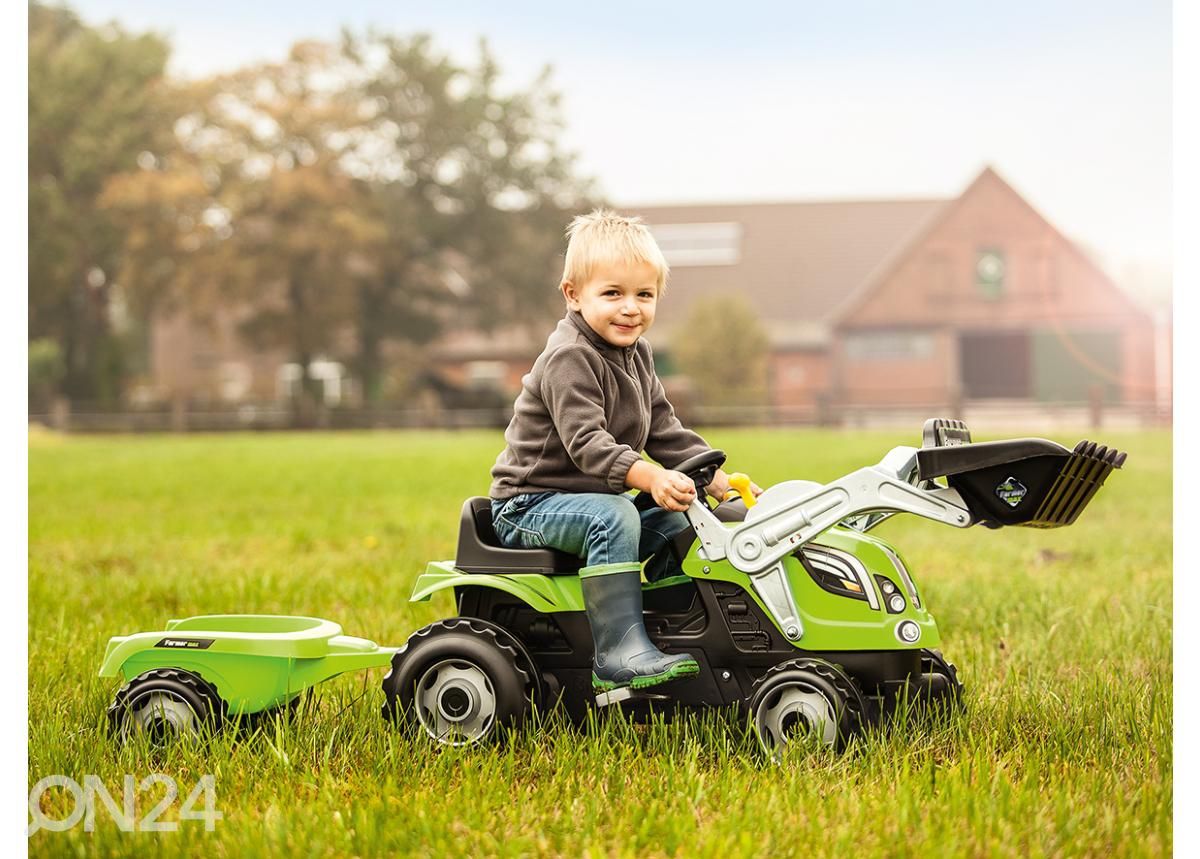 Pealeistutav pedaalidega lastetraktor Farmer MAX järelkäru ja kopaga Smoby suurendatud