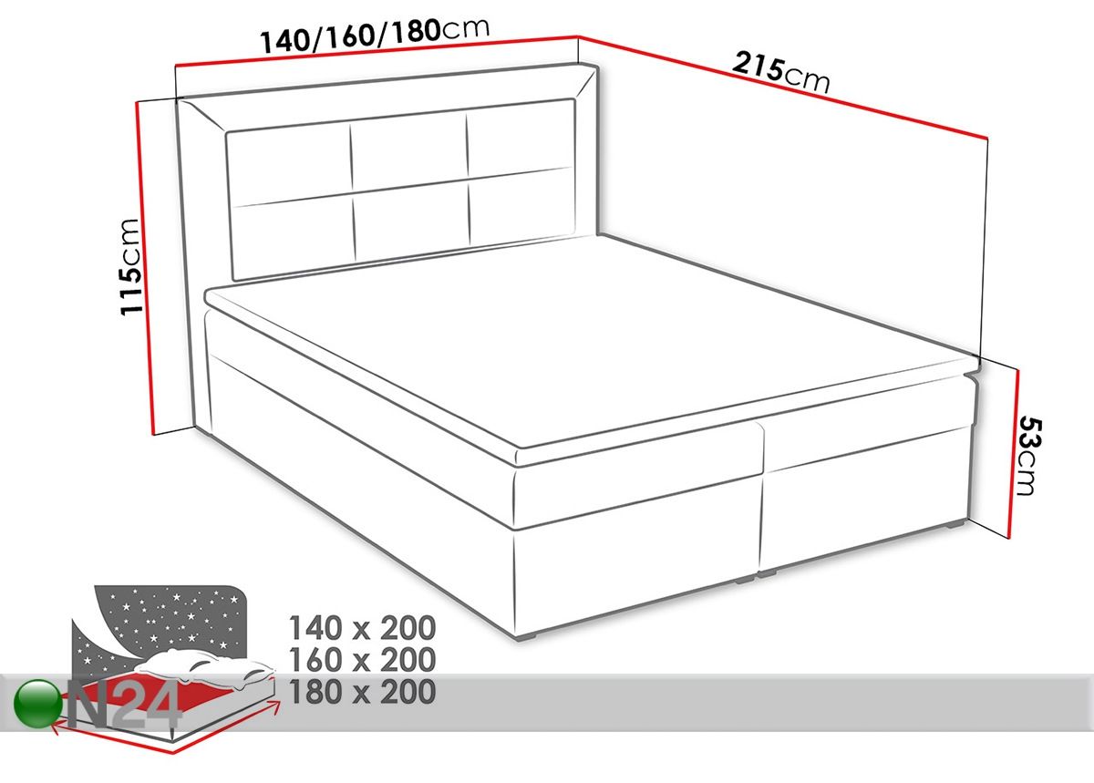Pesukastidega kontinentaalvoodi 160x200 cm suurendatud