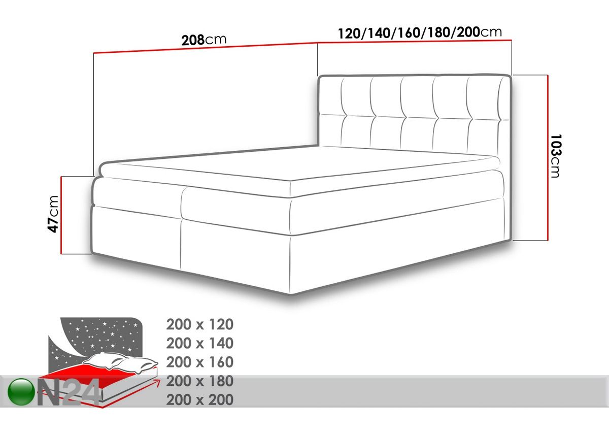 Pesukastiga kontinentaalvoodi 120x200 cm suurendatud