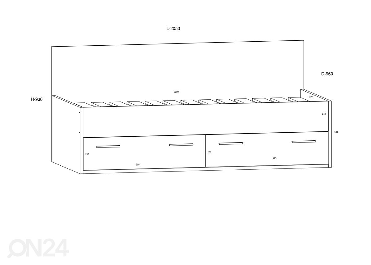 Pesukastiga voodi 90x200 cm suurendatud