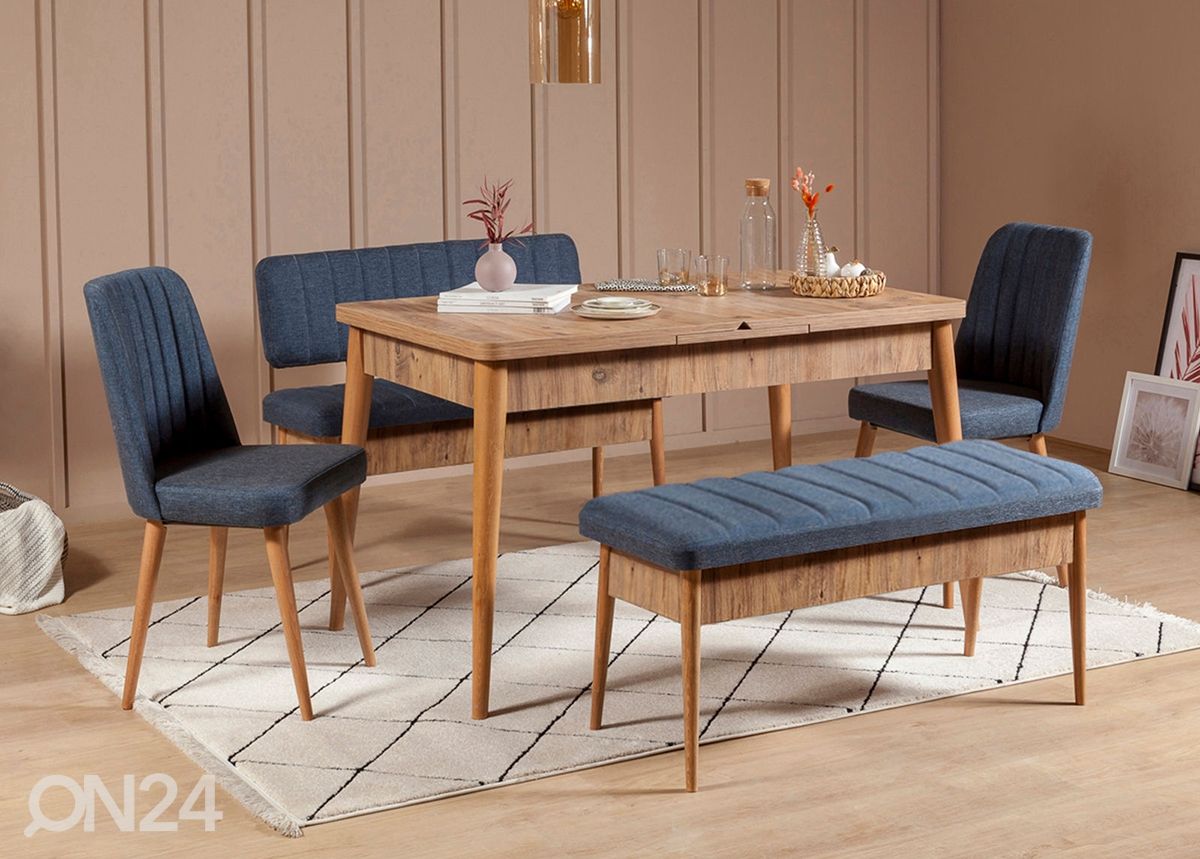 Pikendatav söögilaud 80x130-165 cm + 2 tooli+2 pinki suurendatud