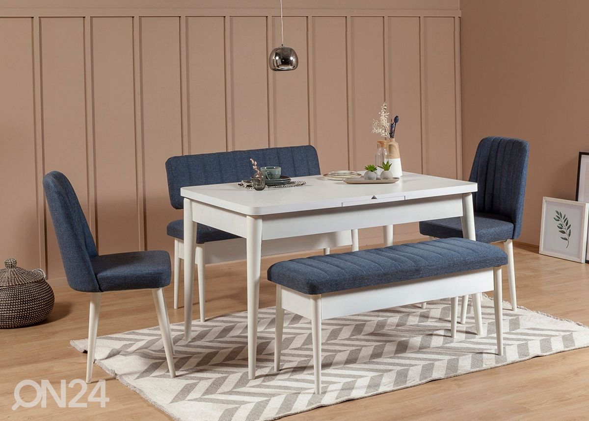 Pikendatav söögilaud 80x130-165 cm + 2 tooli+2 pinki suurendatud