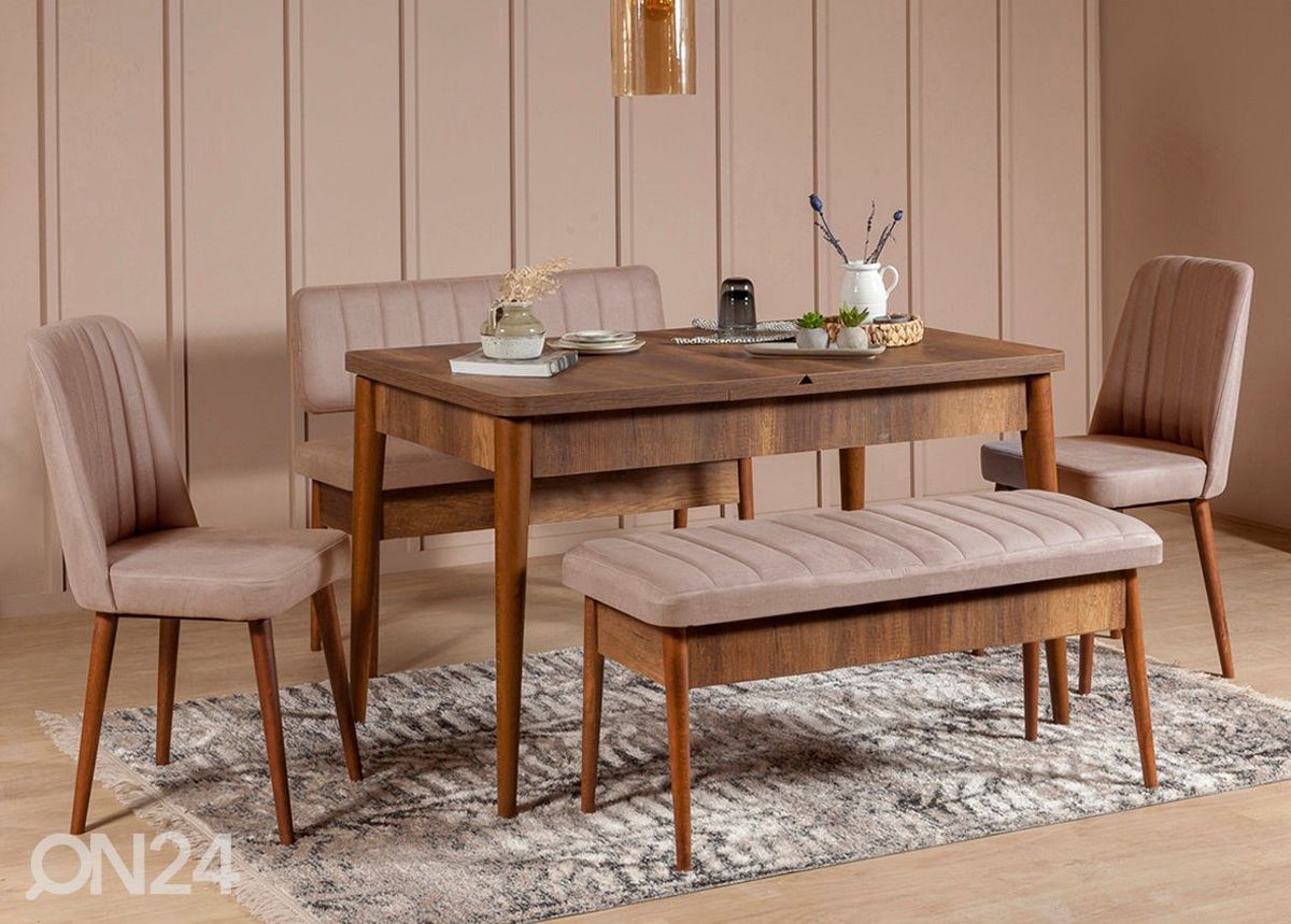 Pikendatav söögilaud 80x130-165 cm + 2 tooli+2 pinki suurendatud