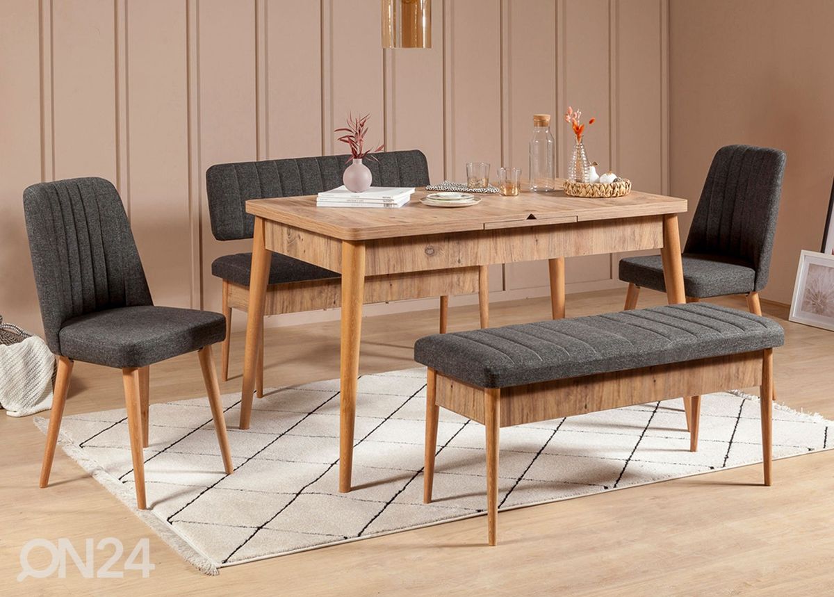 Pikendatav söögilaud 80x130-165 cm + 2 tooli+2 pinki suurendatud
