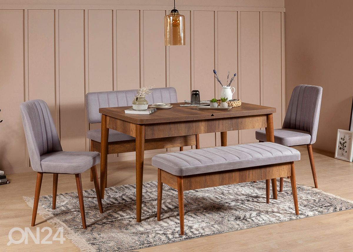 Pikendatav söögilaud 80x130-165 cm + 2 tooli+2 pinki suurendatud