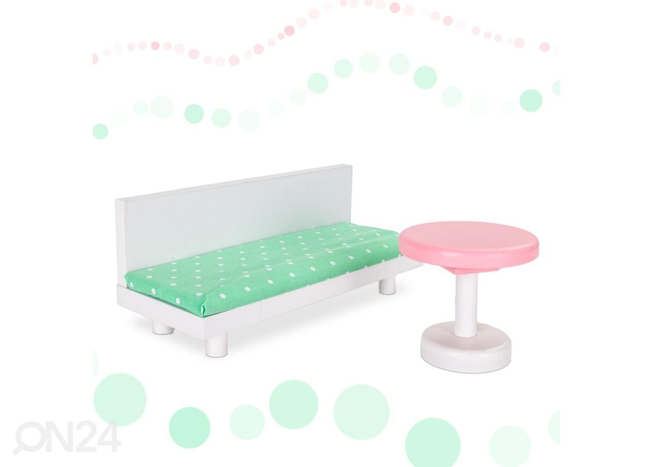 Puidust nukumaja + mööbel pastell 114 cm suurendatud