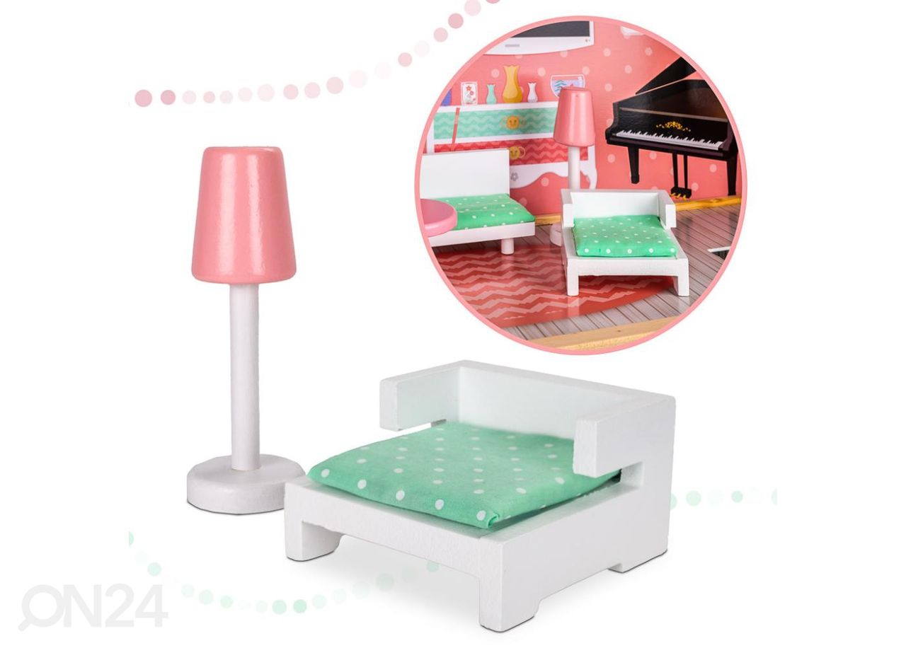 Puidust nukumaja + mööbel pastell 114 cm suurendatud