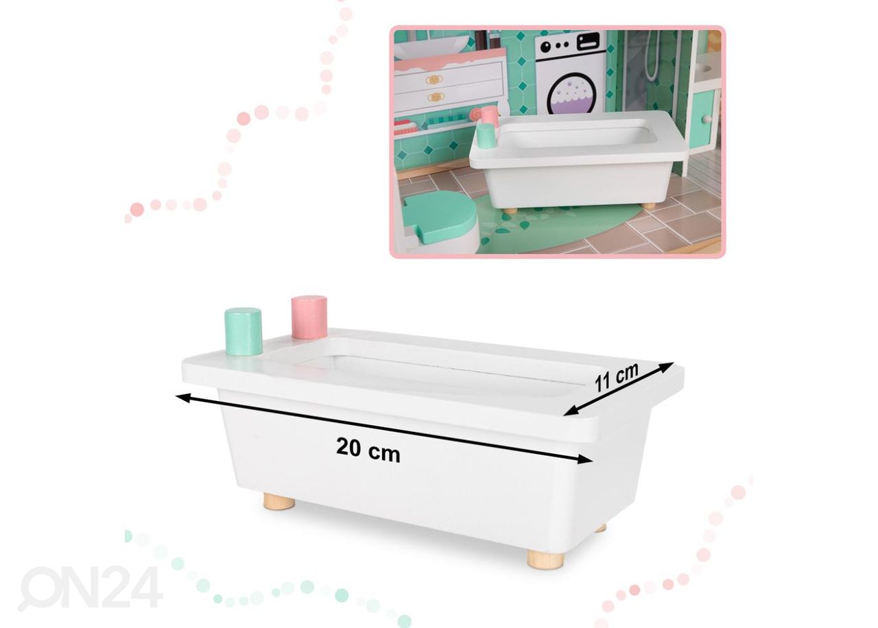 Puidust nukumaja + mööbel pastell 114 cm suurendatud