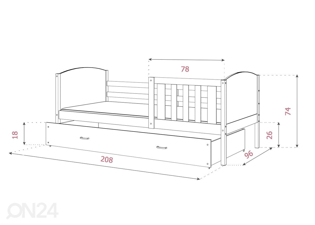 Sahtliga lastevoodi 90x200 cm suurendatud