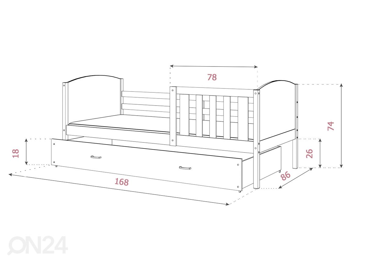 Sahtliga lastevoodi + madrats 80x160 cm suurendatud