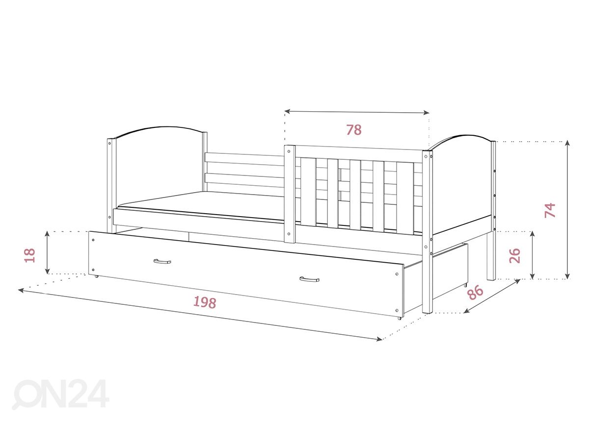 Sahtliga lastevoodi + madrats 80x190 cm suurendatud