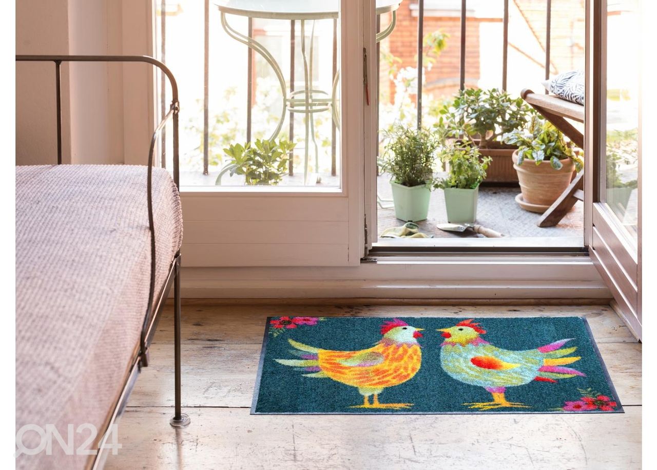 Uksematt Rainbow Chicken petrol 50x75 cm suurendatud