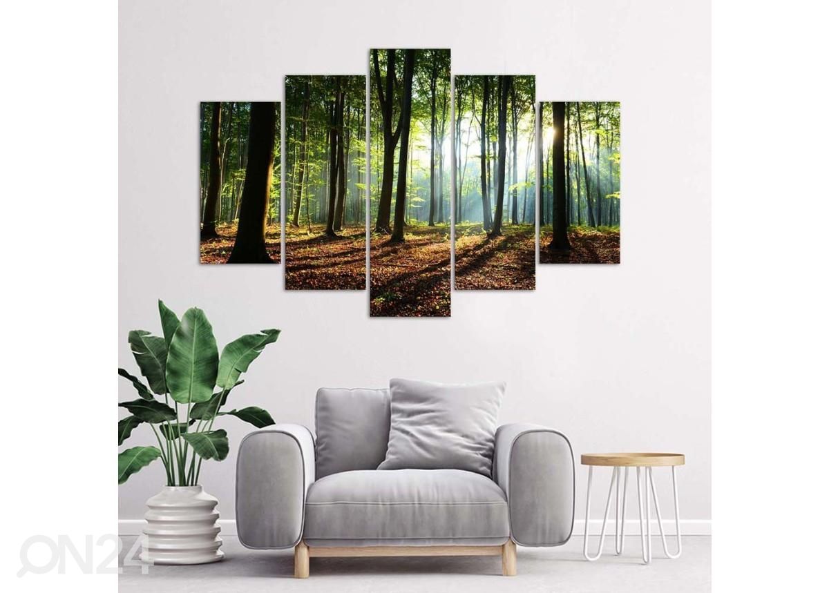 Viieosaline seinapilt Rays of the sun in the forest 100x70 cm suurendatud